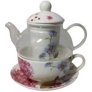 Grace Teaware Tea For One Teapot With Lid Infuser Cup and Saucer Hydrangeas‎